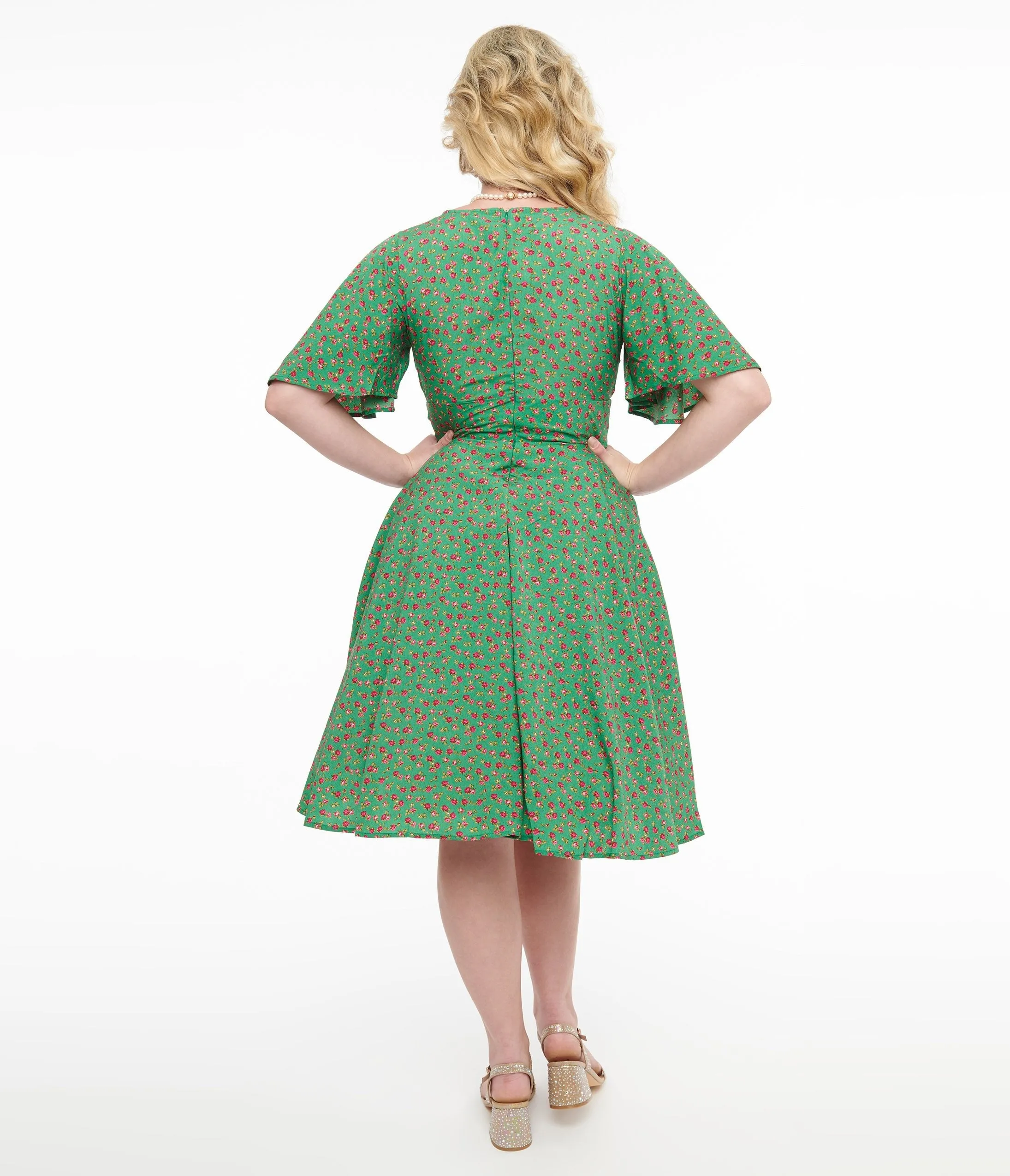 1950s Green & Pink Rose Fit & Flare Dress