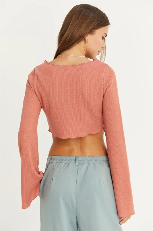 ANWEN BELL SLEEVE RIBBED KNIT CROP TOP