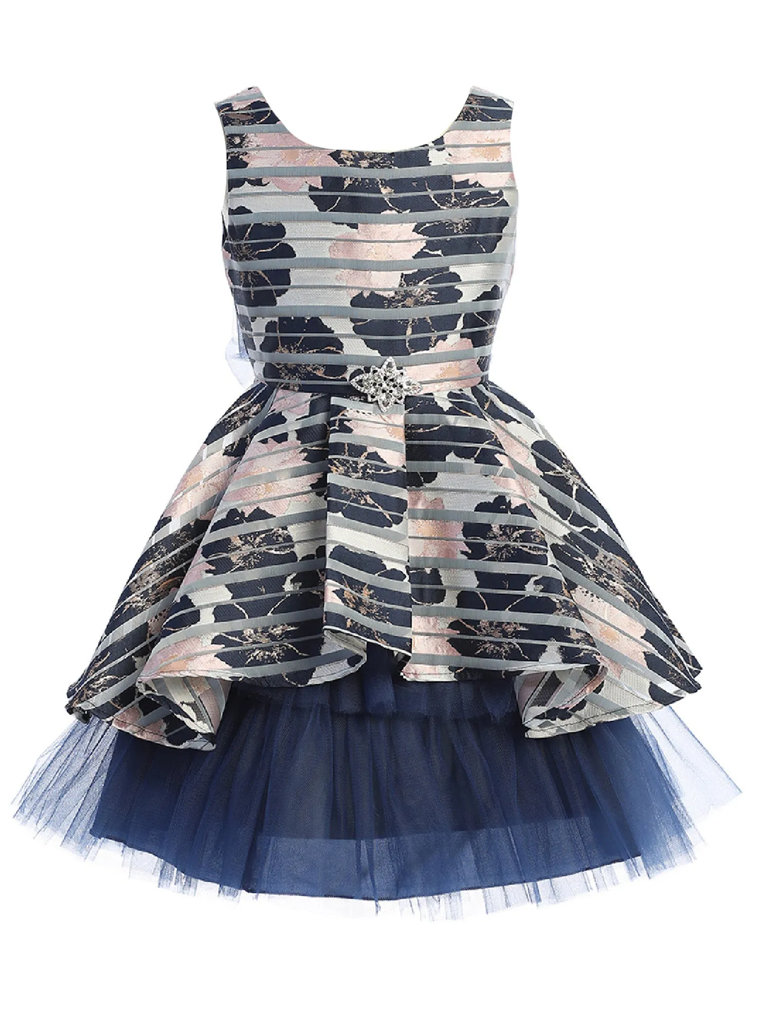 Big Girls Navy Floral Print Brooch Hi Low Junior Bridesmaid Dress 8-14