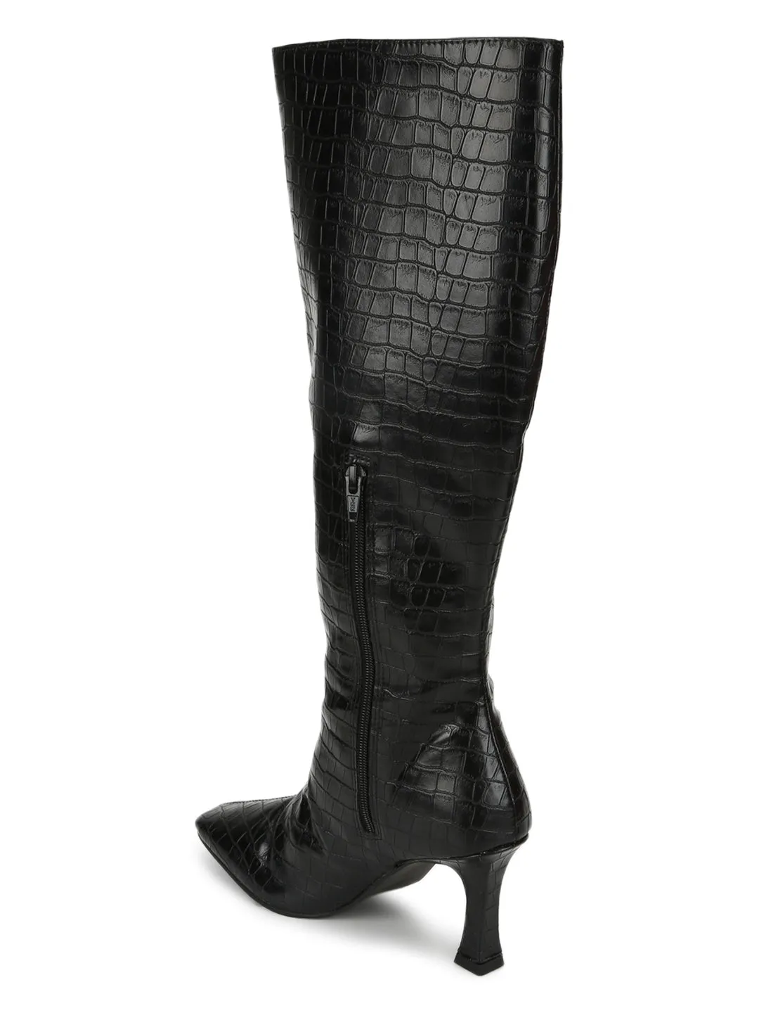 Black Croc PU Pointed Knee High Boots