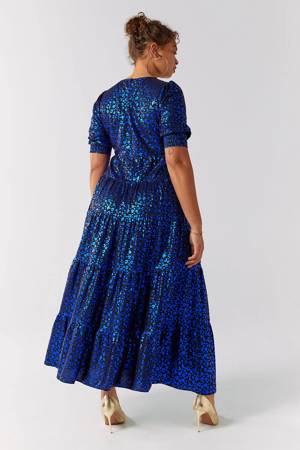 Black with Blue Foil Leopard Maxi Dress