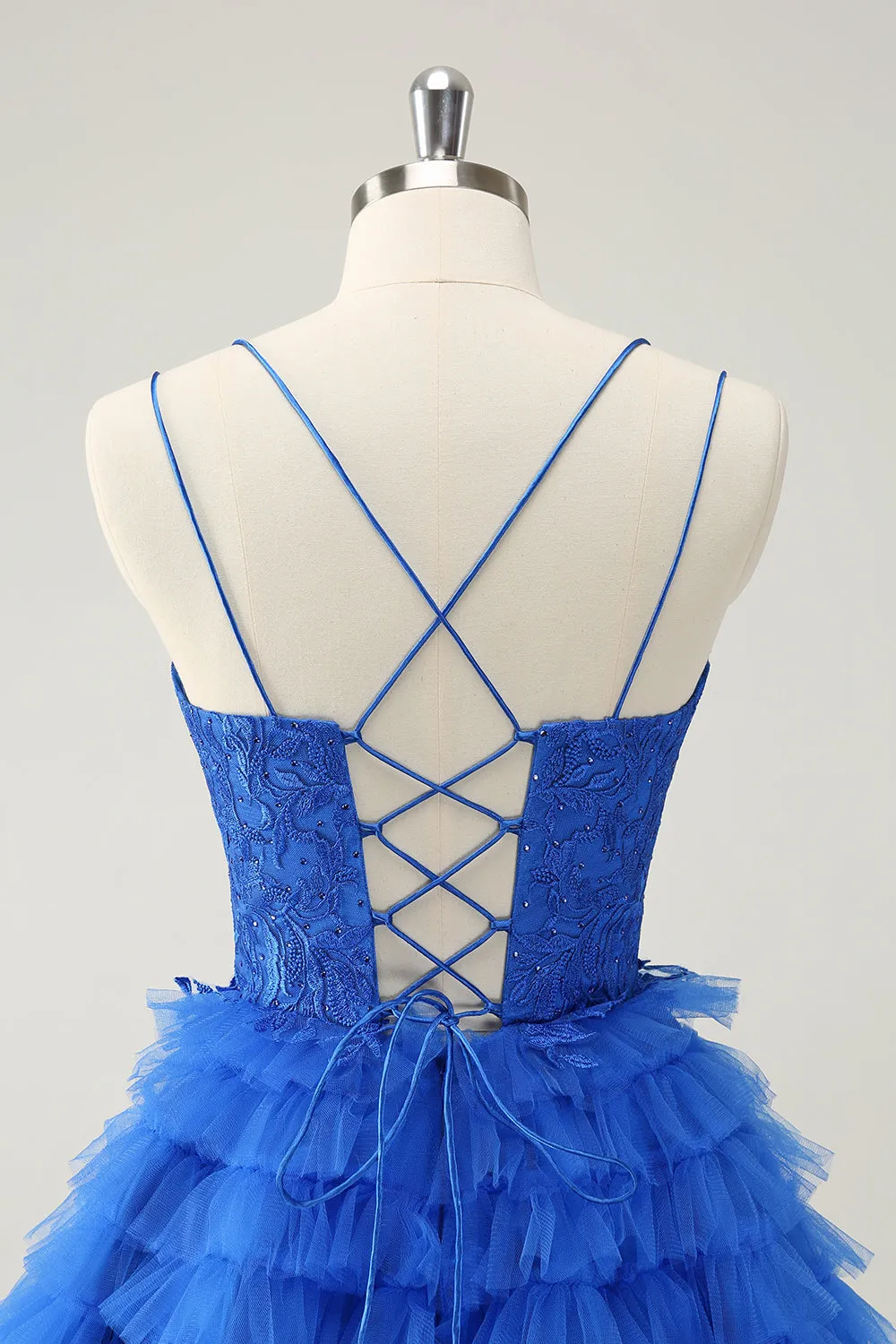 Blue A Line Spaghetti Straps Tulle Cute Mini Dress with Ruffles