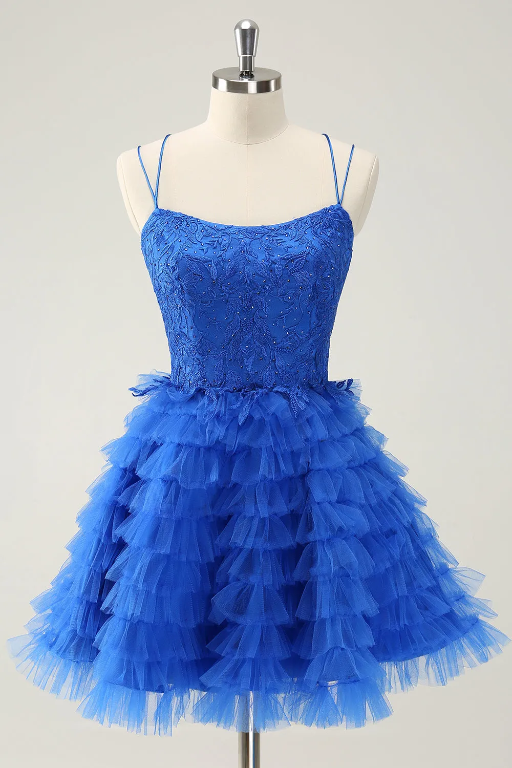 Blue A Line Spaghetti Straps Tulle Cute Mini Dress with Ruffles