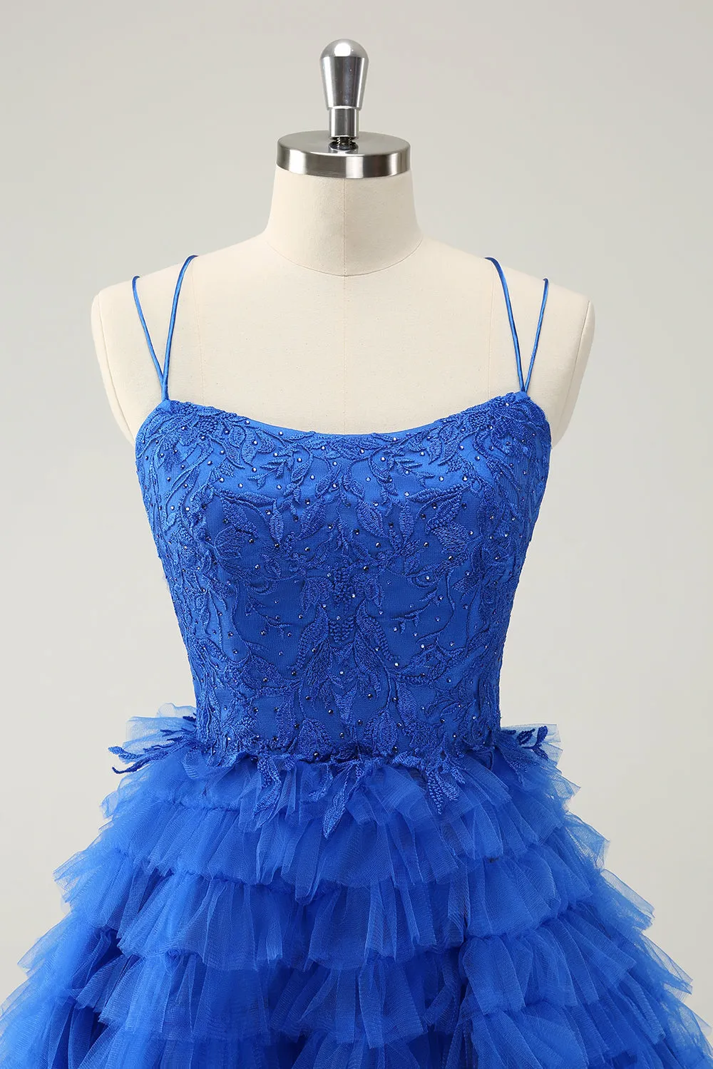 Blue A Line Spaghetti Straps Tulle Cute Mini Dress with Ruffles