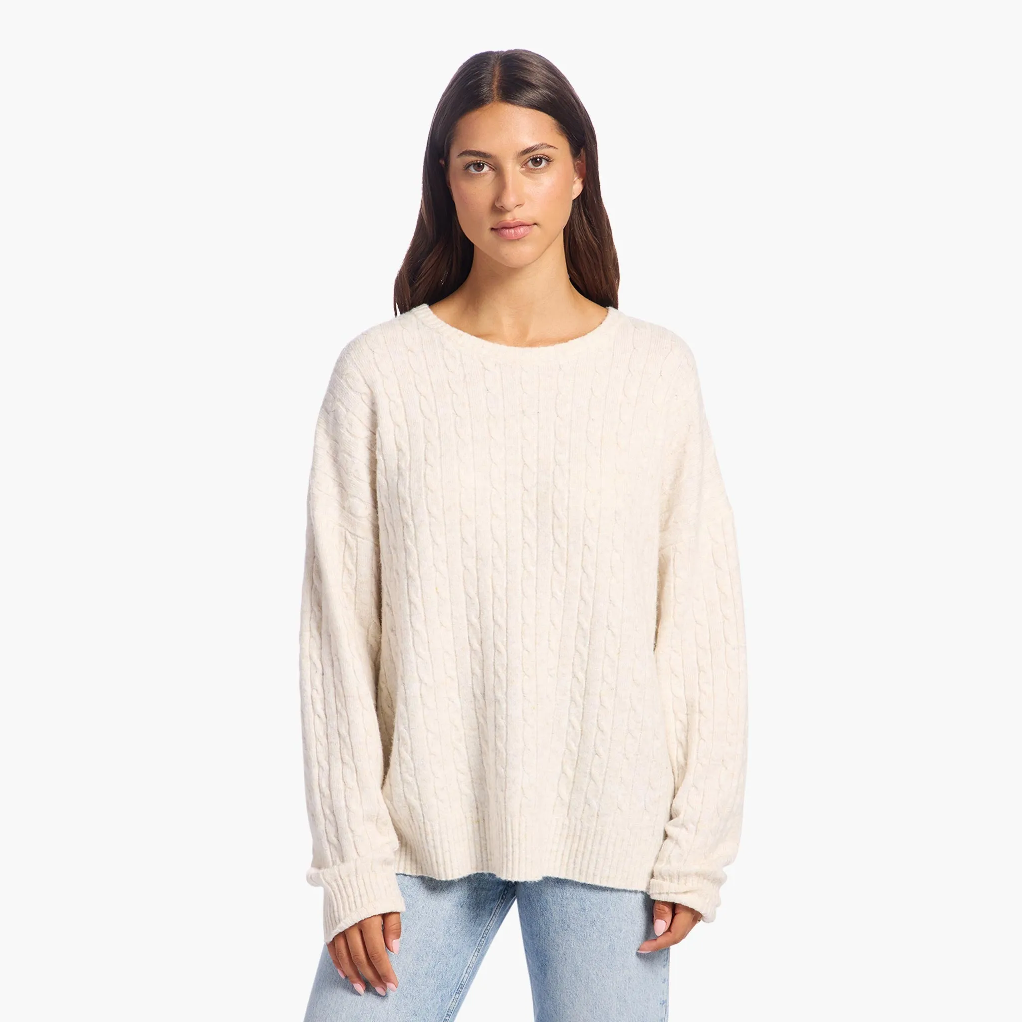 Cozy Knit Cable Crewneck Sweater | Heather Bone