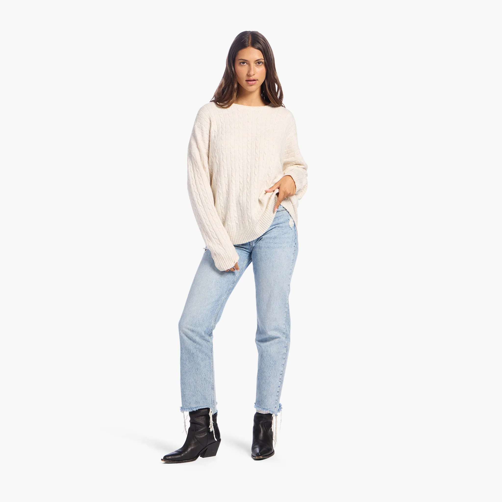 Cozy Knit Cable Crewneck Sweater | Heather Bone