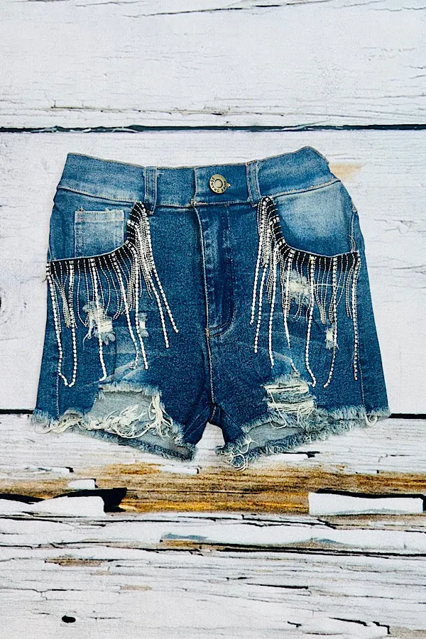 Dark wash distressed denim shorts w/rhinestone & chain tassels DLH2394