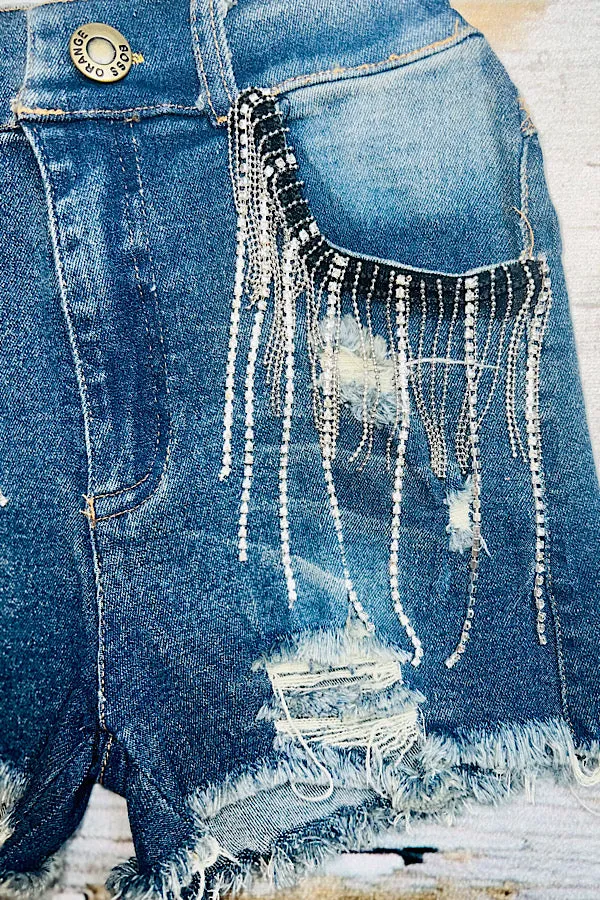 Dark wash distressed denim shorts w/rhinestone & chain tassels DLH2394