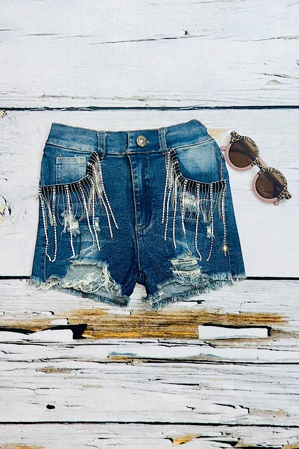 Dark wash distressed denim shorts w/rhinestone & chain tassels DLH2394