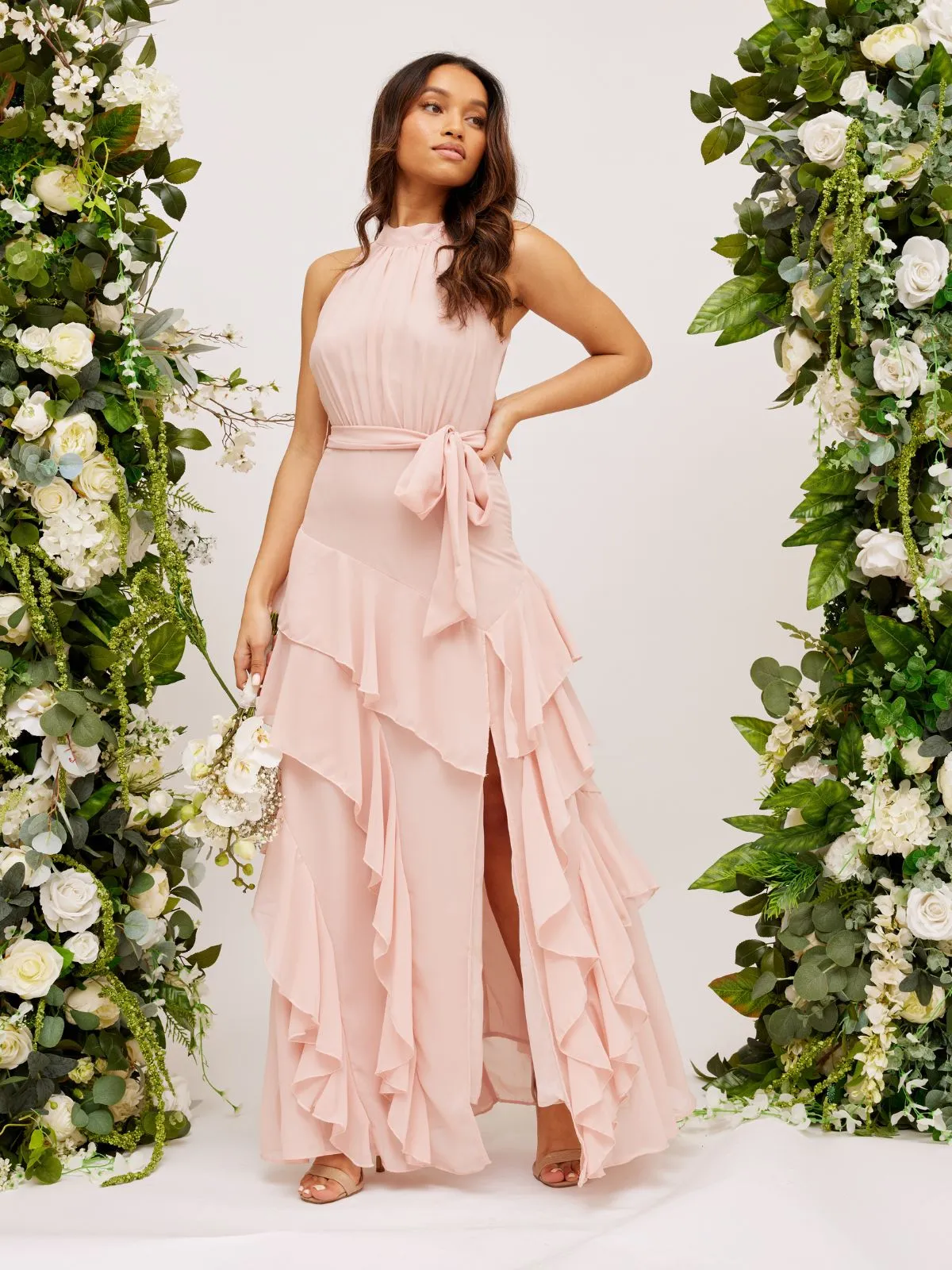 Frill High Neck Maxi Chiffon Dress / Blush