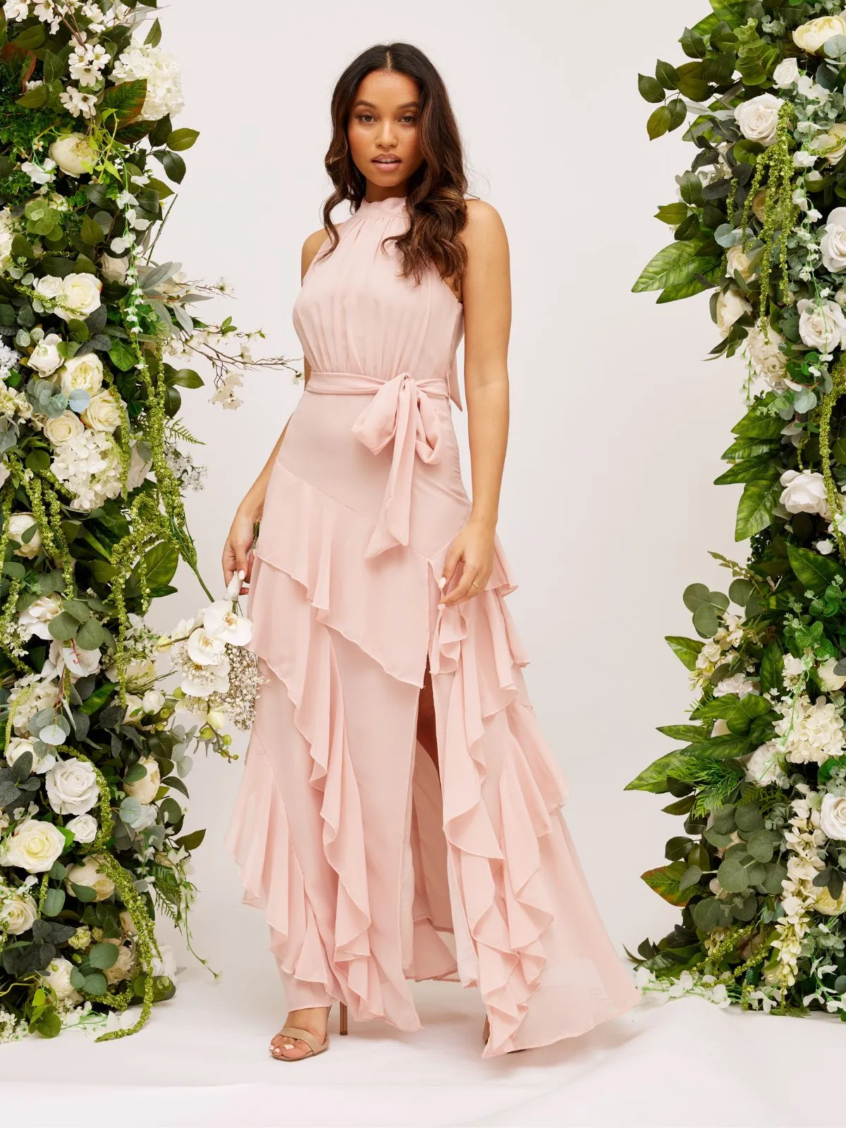 Frill High Neck Maxi Chiffon Dress / Blush