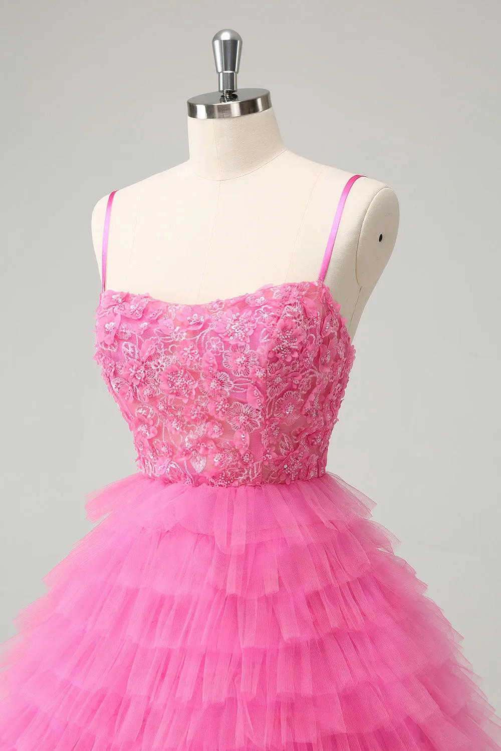 Glitter Pink A Line Spaghetti Straps Tiered Flowers Tulle Cute Mini Dress