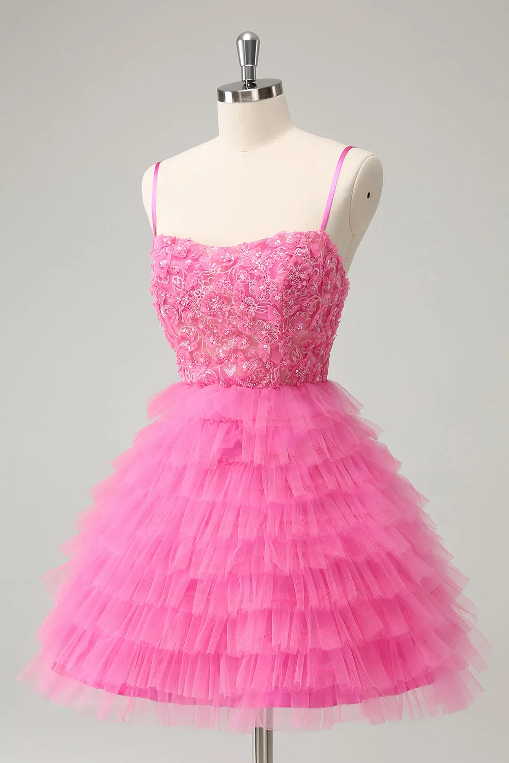 Glitter Pink A Line Spaghetti Straps Tiered Flowers Tulle Cute Mini Dress