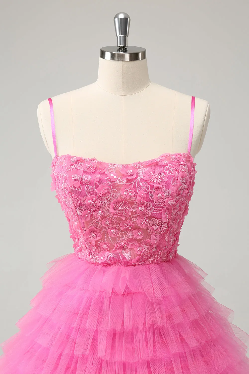 Glitter Pink A Line Spaghetti Straps Tiered Flowers Tulle Cute Mini Dress