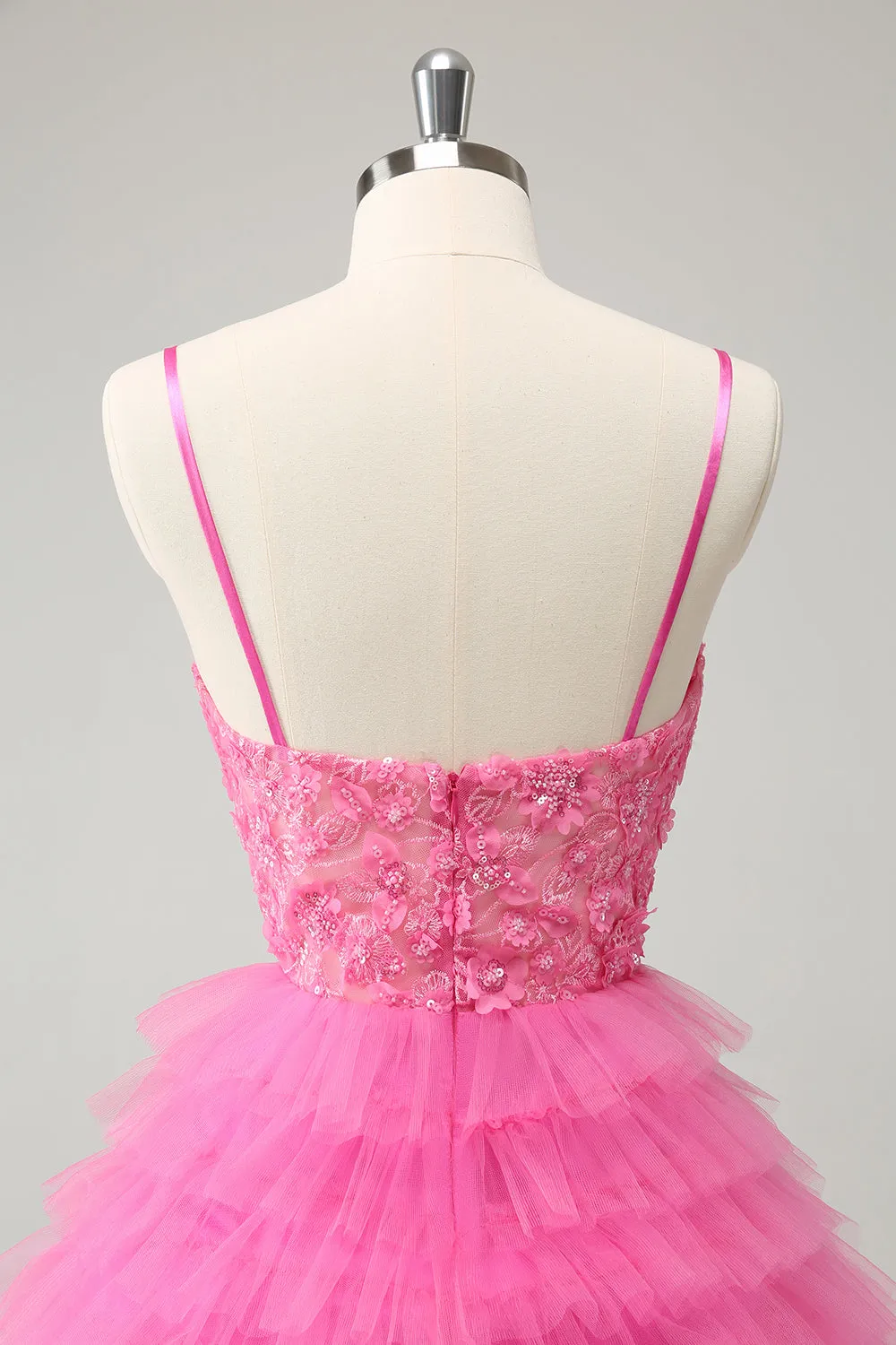 Glitter Pink A Line Spaghetti Straps Tiered Flowers Tulle Cute Mini Dress