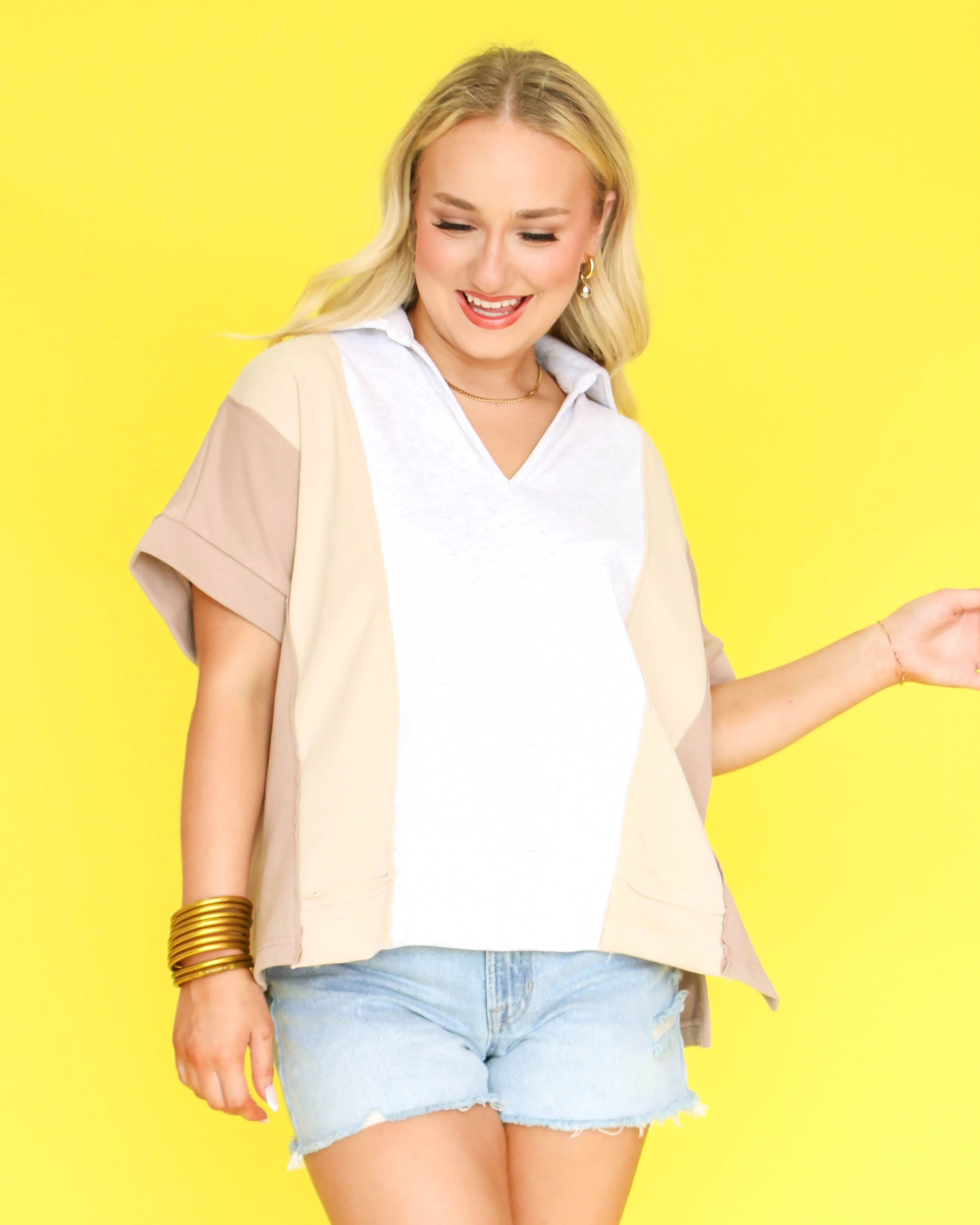 Grey Color Block Collared Top