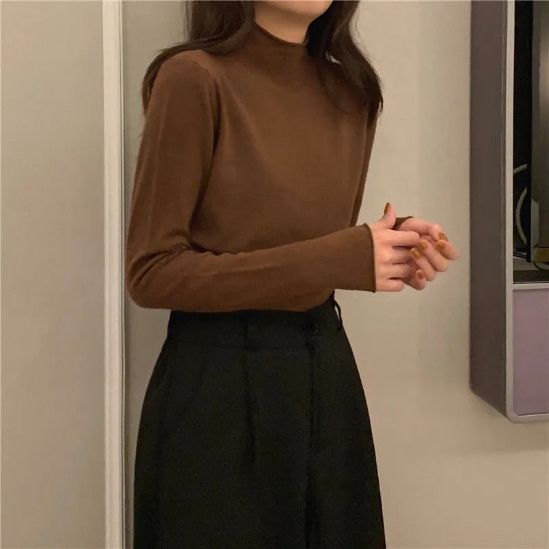 Half High Round Neck Knitted Long Sleeve Top