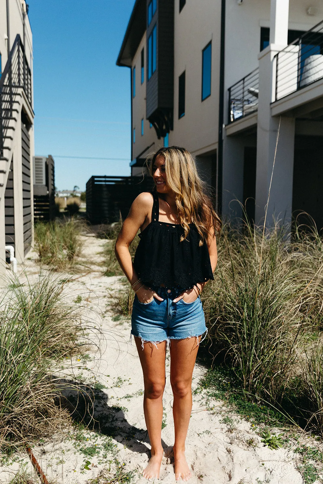 Helen Eyelet Cropped Tank - Black