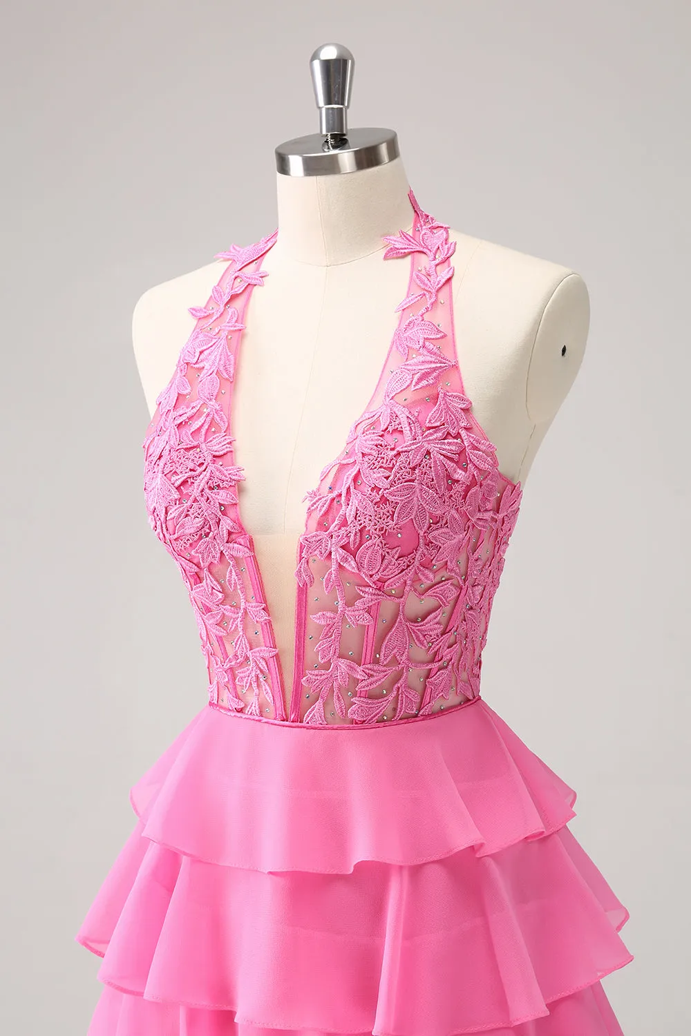 Hot Pink A Line Halter Tiered Corset Mini Dress with Ruffles