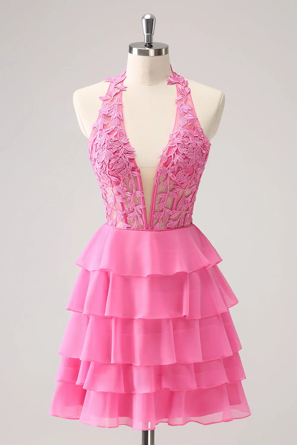 Hot Pink A Line Halter Tiered Corset Mini Dress with Ruffles