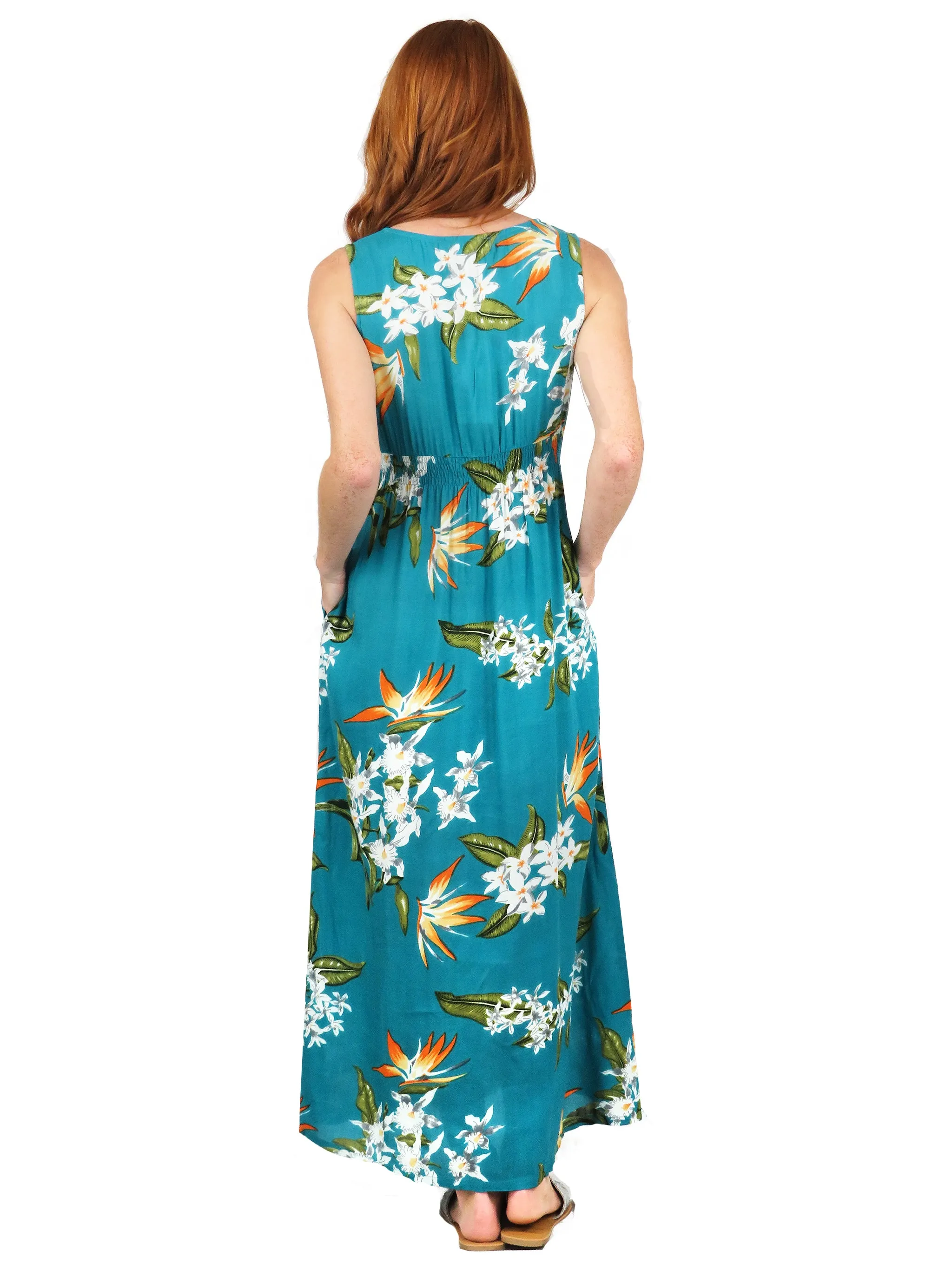 La Cera Teal Floral Printed Sleeveless Rayon Maxi Dress