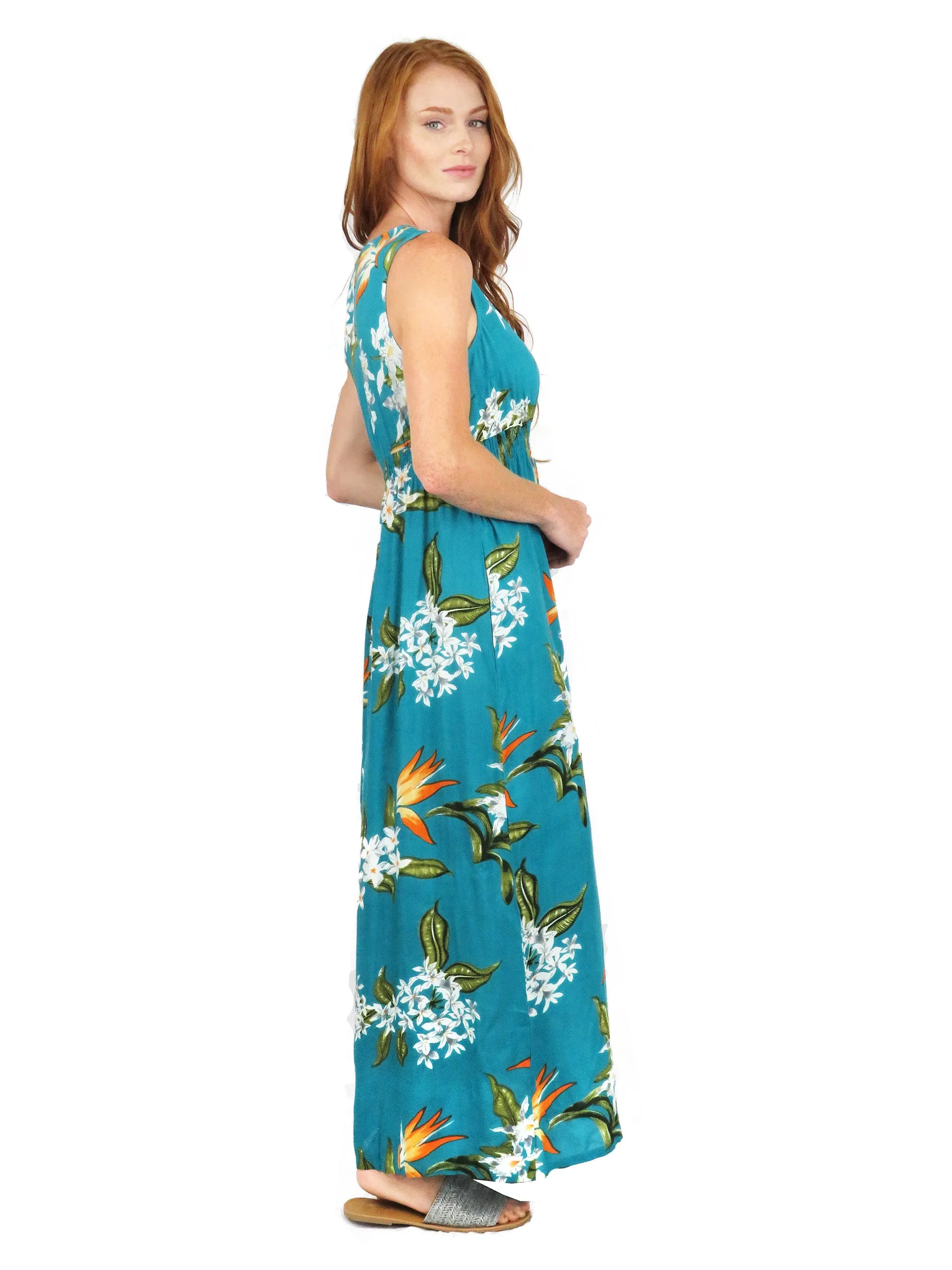 La Cera Teal Floral Printed Sleeveless Rayon Maxi Dress