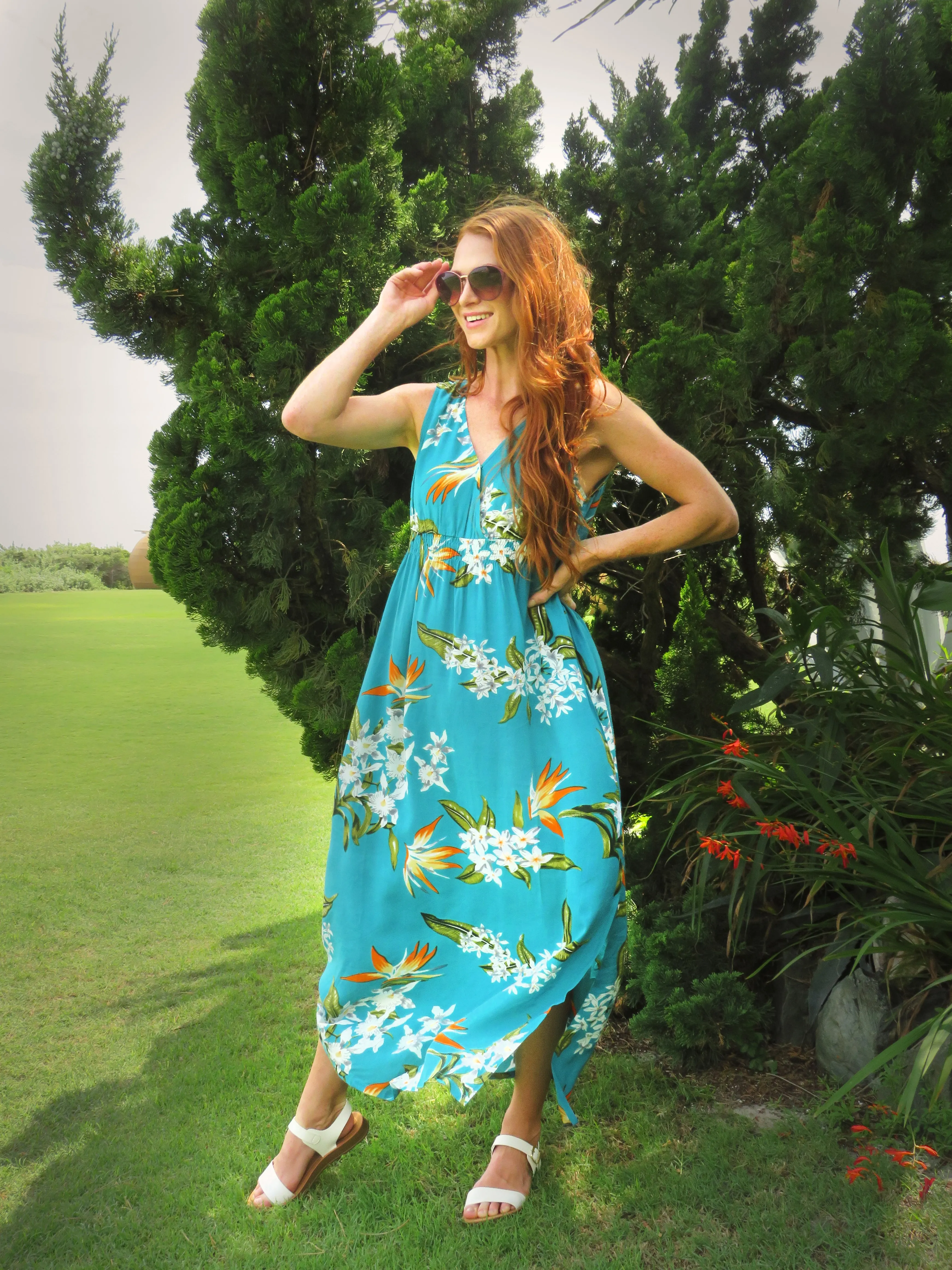 La Cera Teal Floral Printed Sleeveless Rayon Maxi Dress