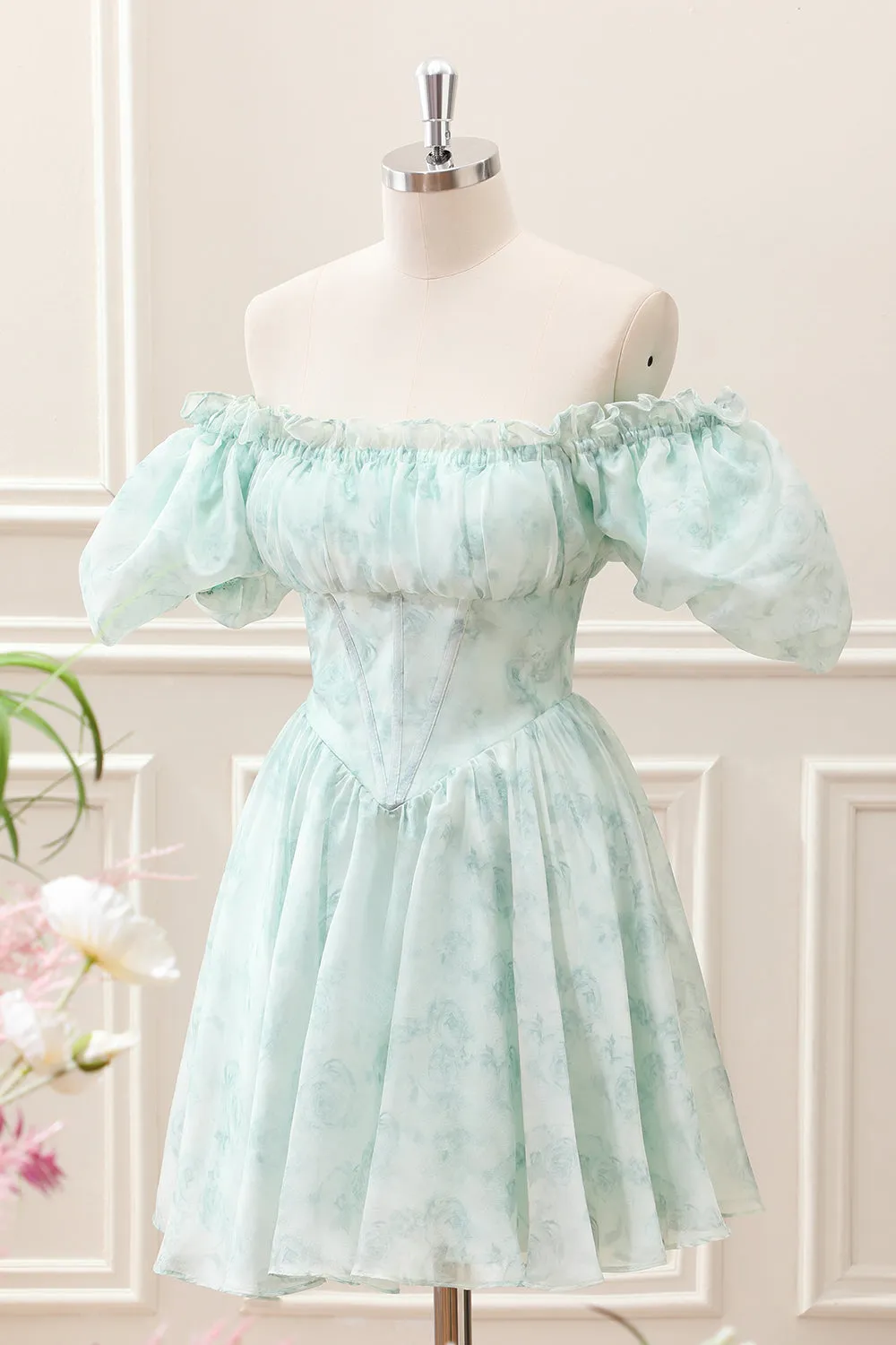 Light Blue Floral Corset Puff Sleeves A Line Mini Dress