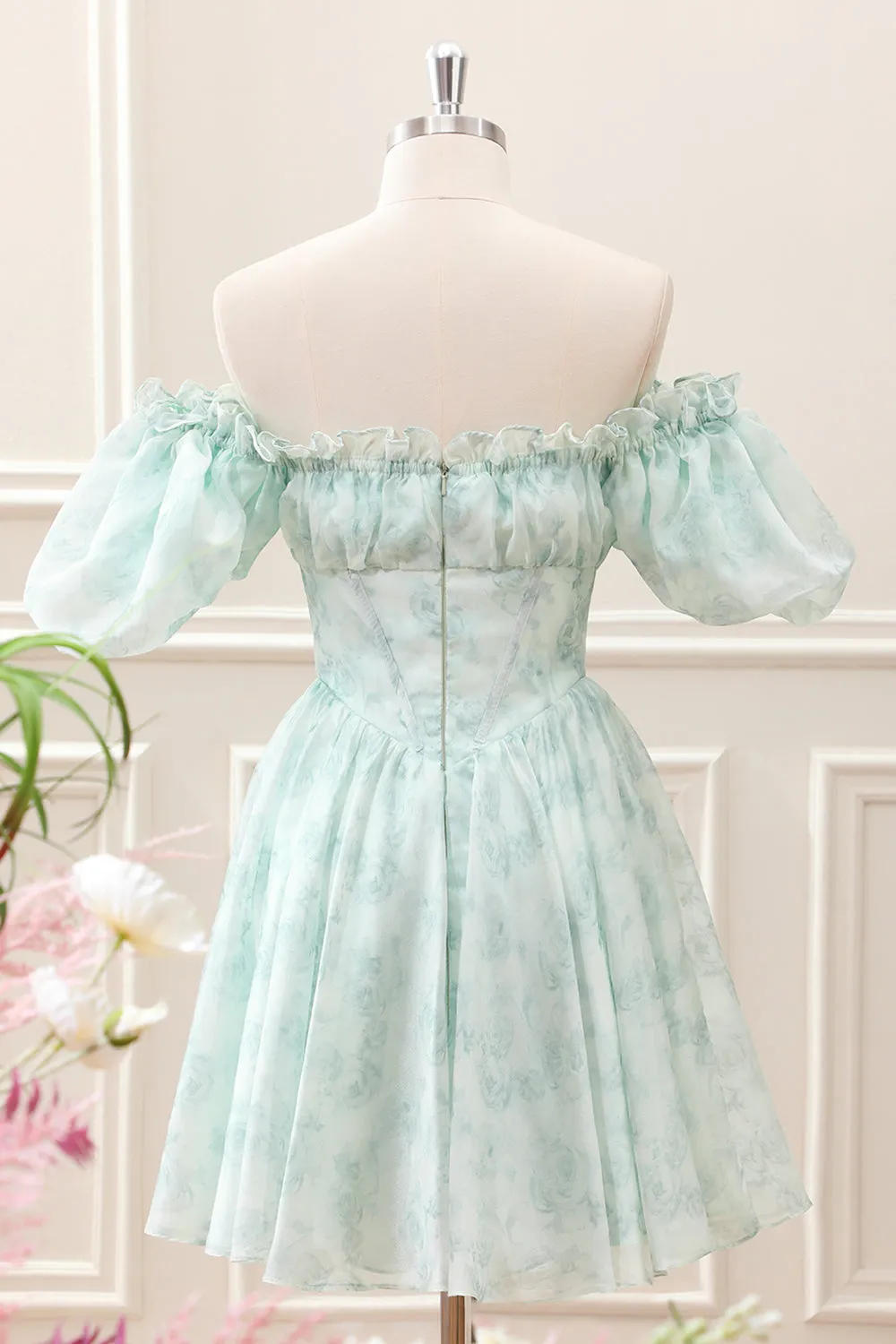 Light Blue Floral Corset Puff Sleeves A Line Mini Dress