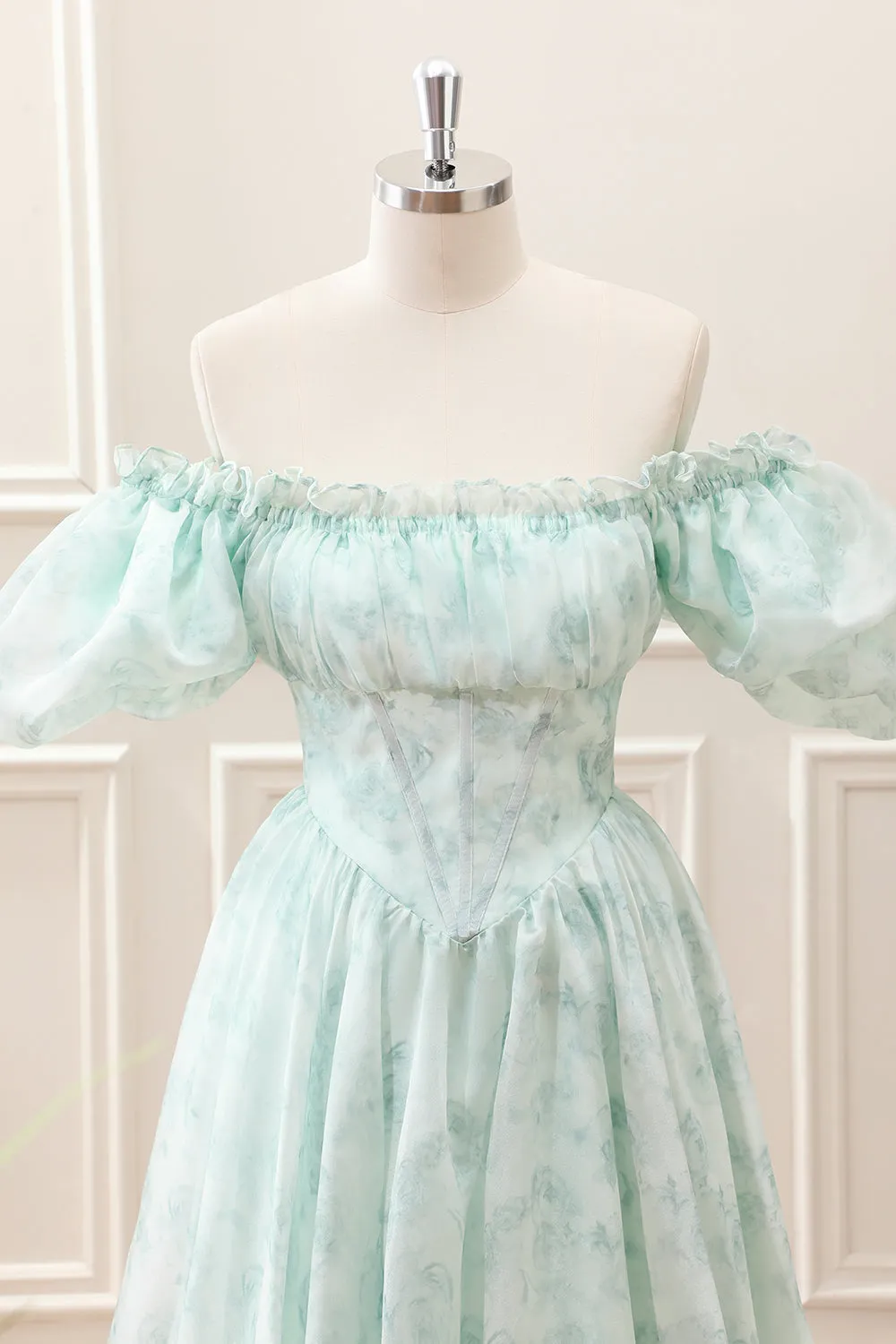 Light Blue Floral Corset Puff Sleeves A Line Mini Dress