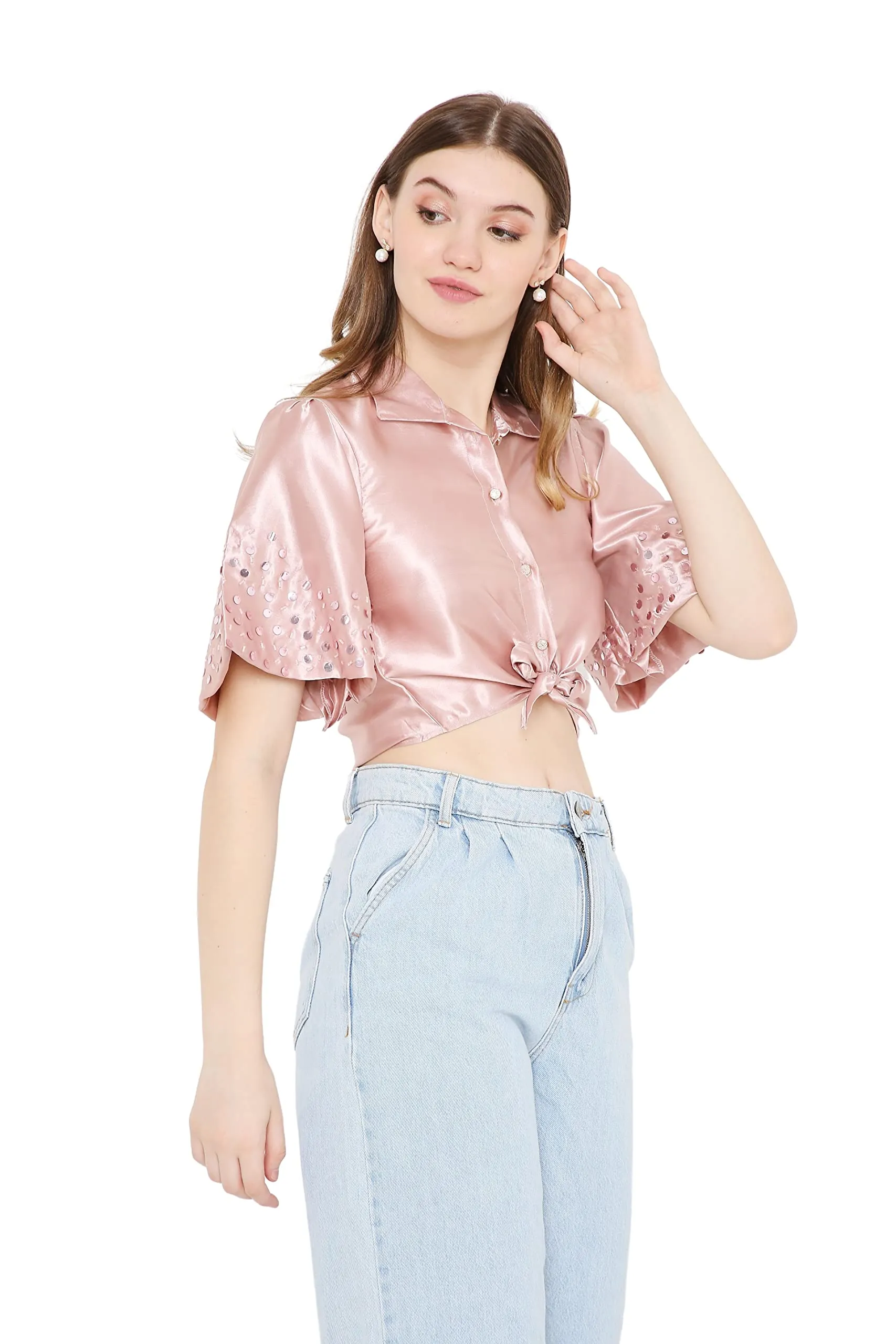 OJ Women's Rose Gold Tie-up Crop Shirt (Small)