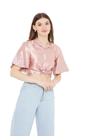 OJ Women's Rose Gold Tie-up Crop Shirt (Small)