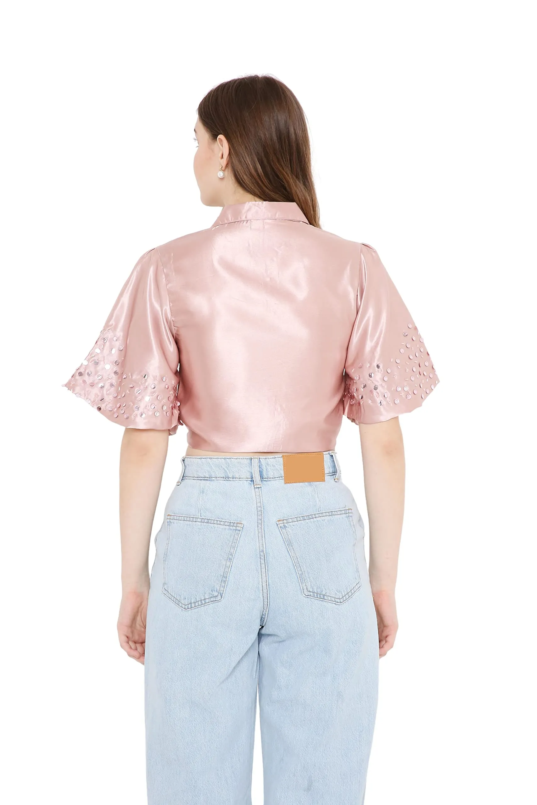 OJ Women's Rose Gold Tie-up Crop Shirt (Small)