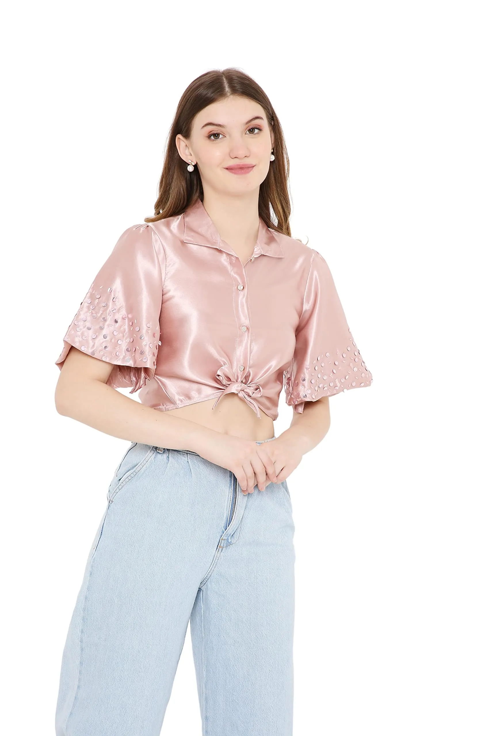 OJ Women's Rose Gold Tie-up Crop Shirt (Small)