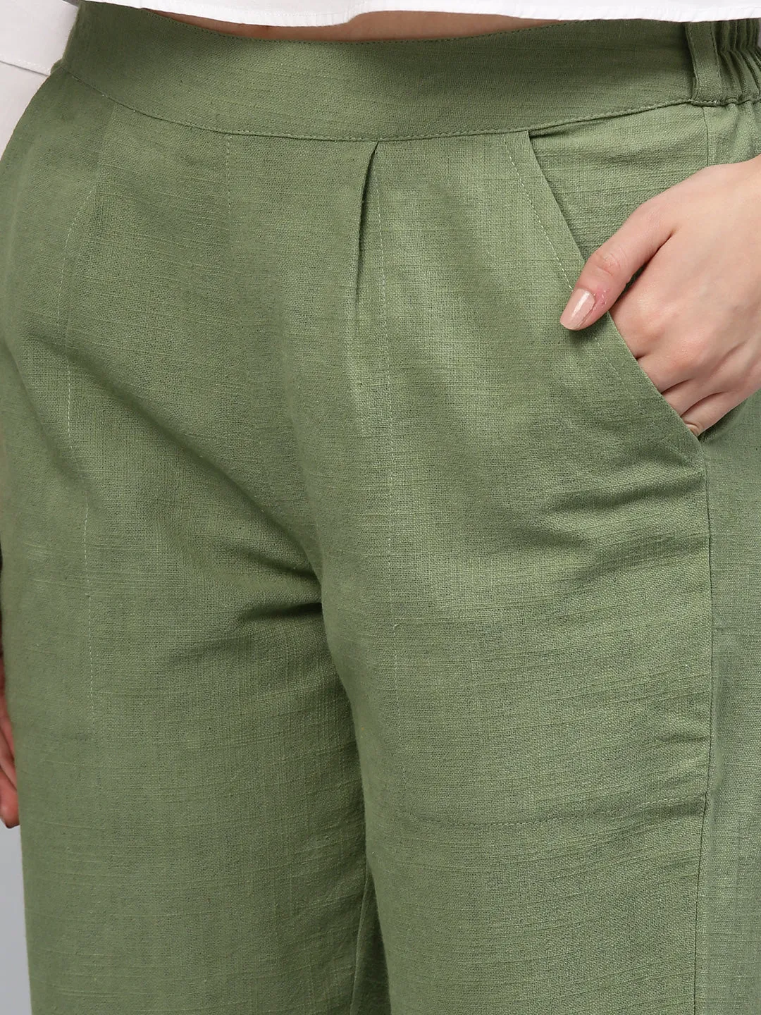 Olive Solid Cotton Slub Straight Pants