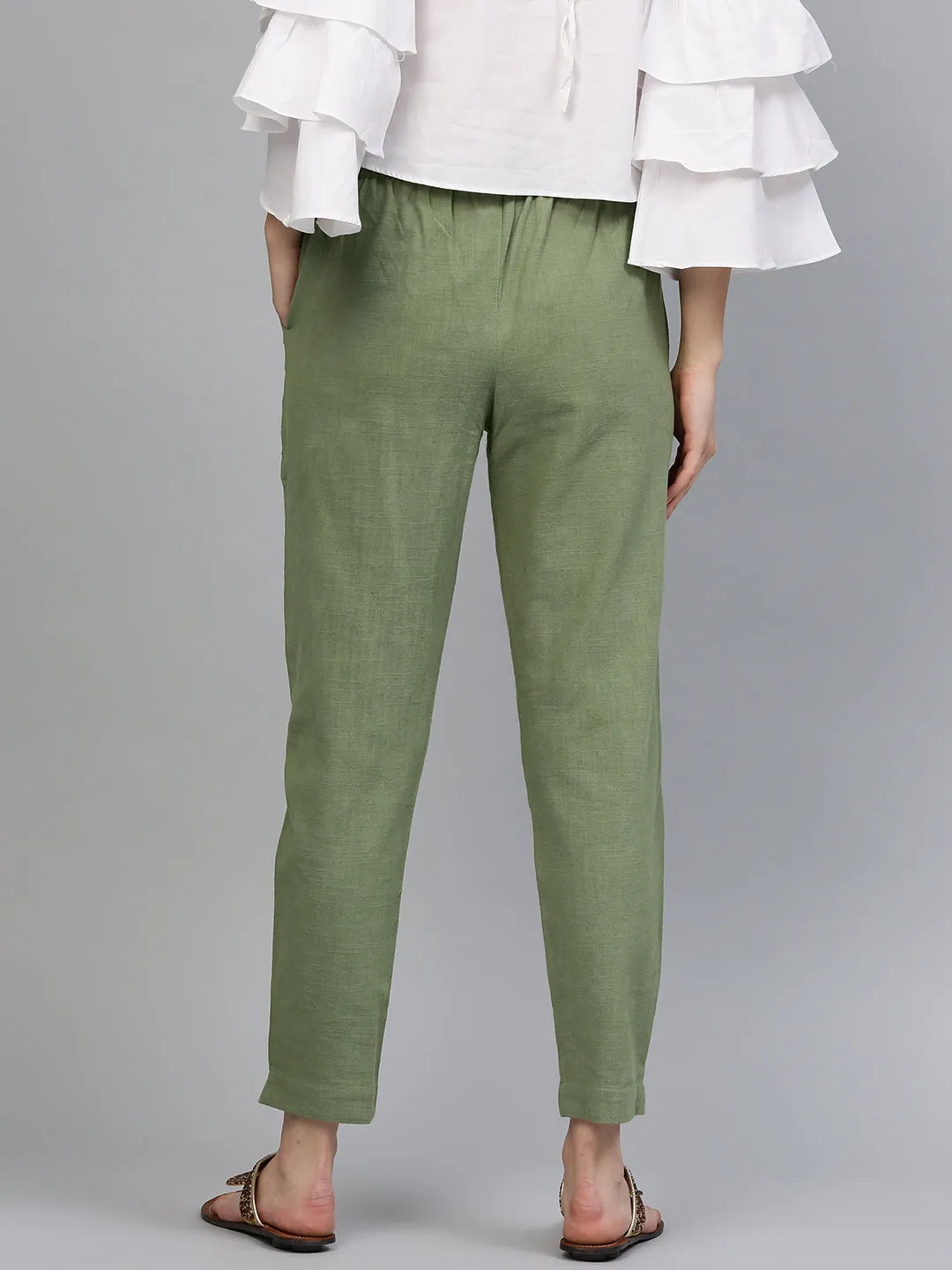 Olive Solid Cotton Slub Straight Pants