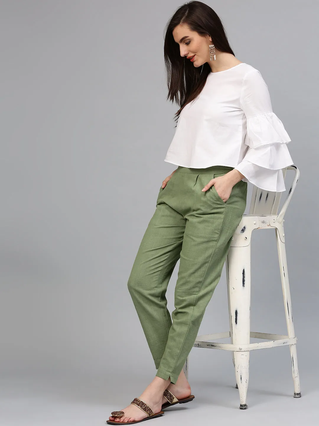 Olive Solid Cotton Slub Straight Pants