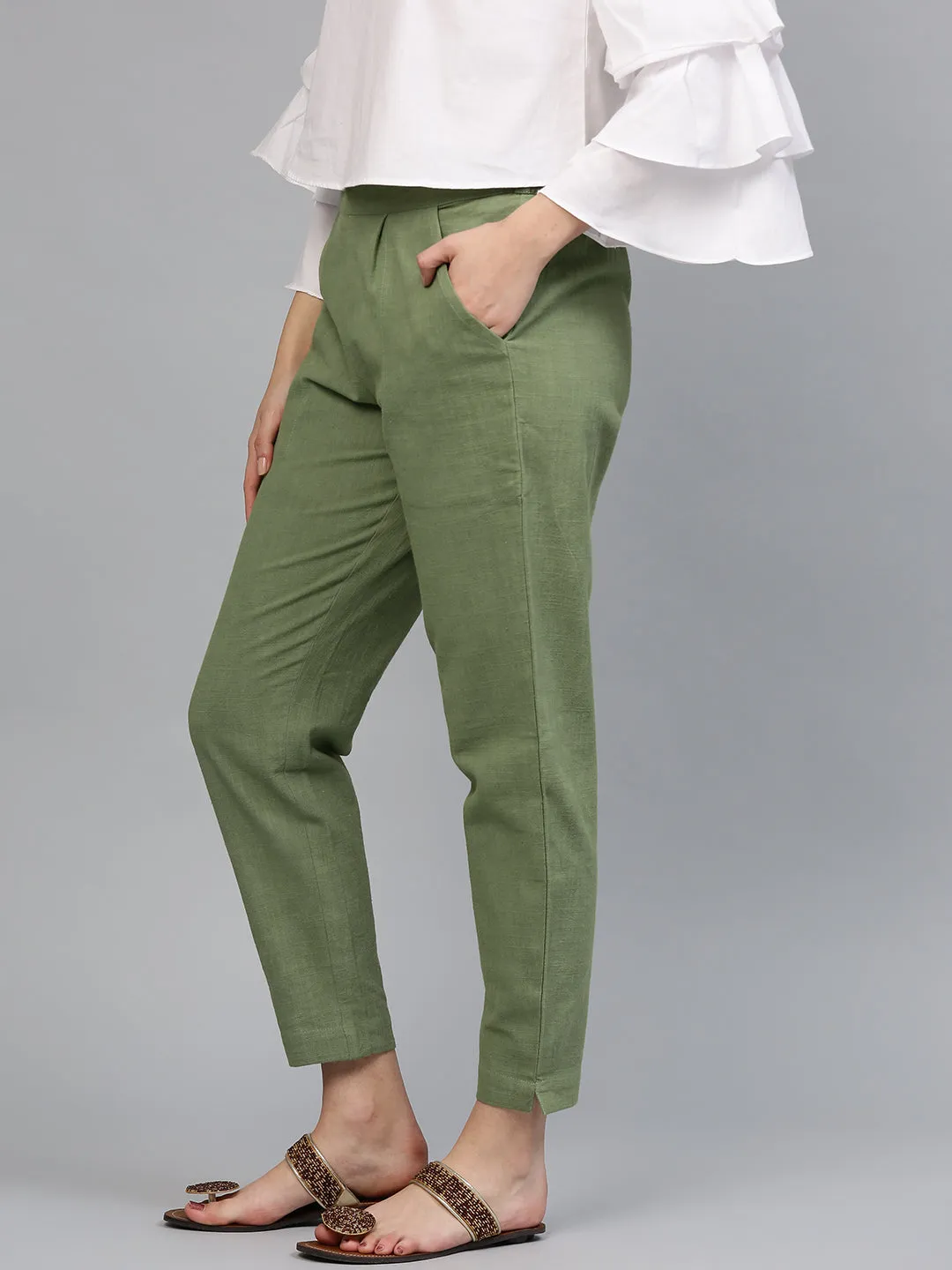 Olive Solid Cotton Slub Straight Pants