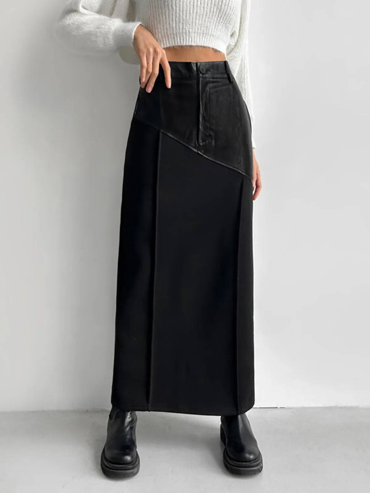 Patchwork Leather High Trendy Waist Maxi Skirt