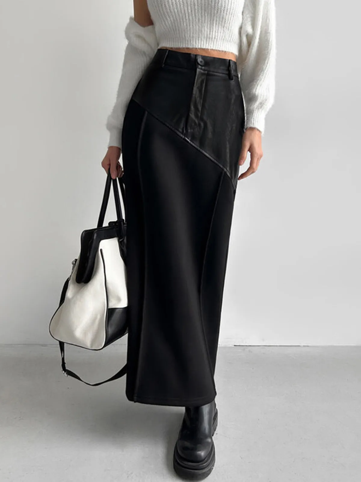 Patchwork Leather High Trendy Waist Maxi Skirt