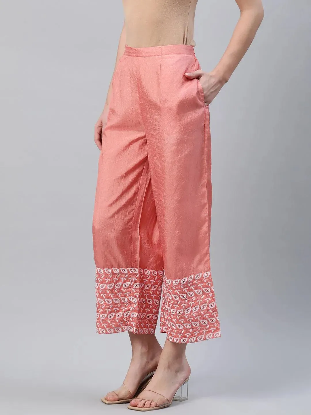 Peach Embroidered Silk Palazzos