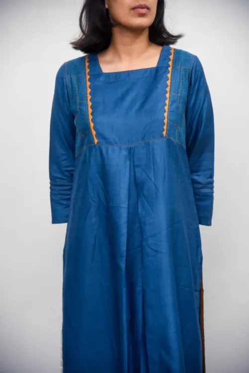 Sadhna 'Aabh' Teal Applique And Tanka Work  Cotton Silk Kurta