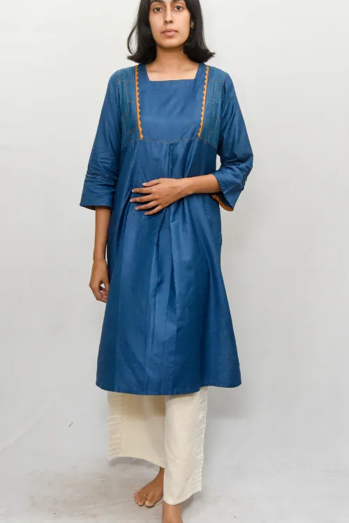 Sadhna 'Aabh' Teal Applique And Tanka Work  Cotton Silk Kurta