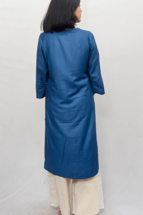 Sadhna 'Aabh' Teal Applique And Tanka Work  Cotton Silk Kurta