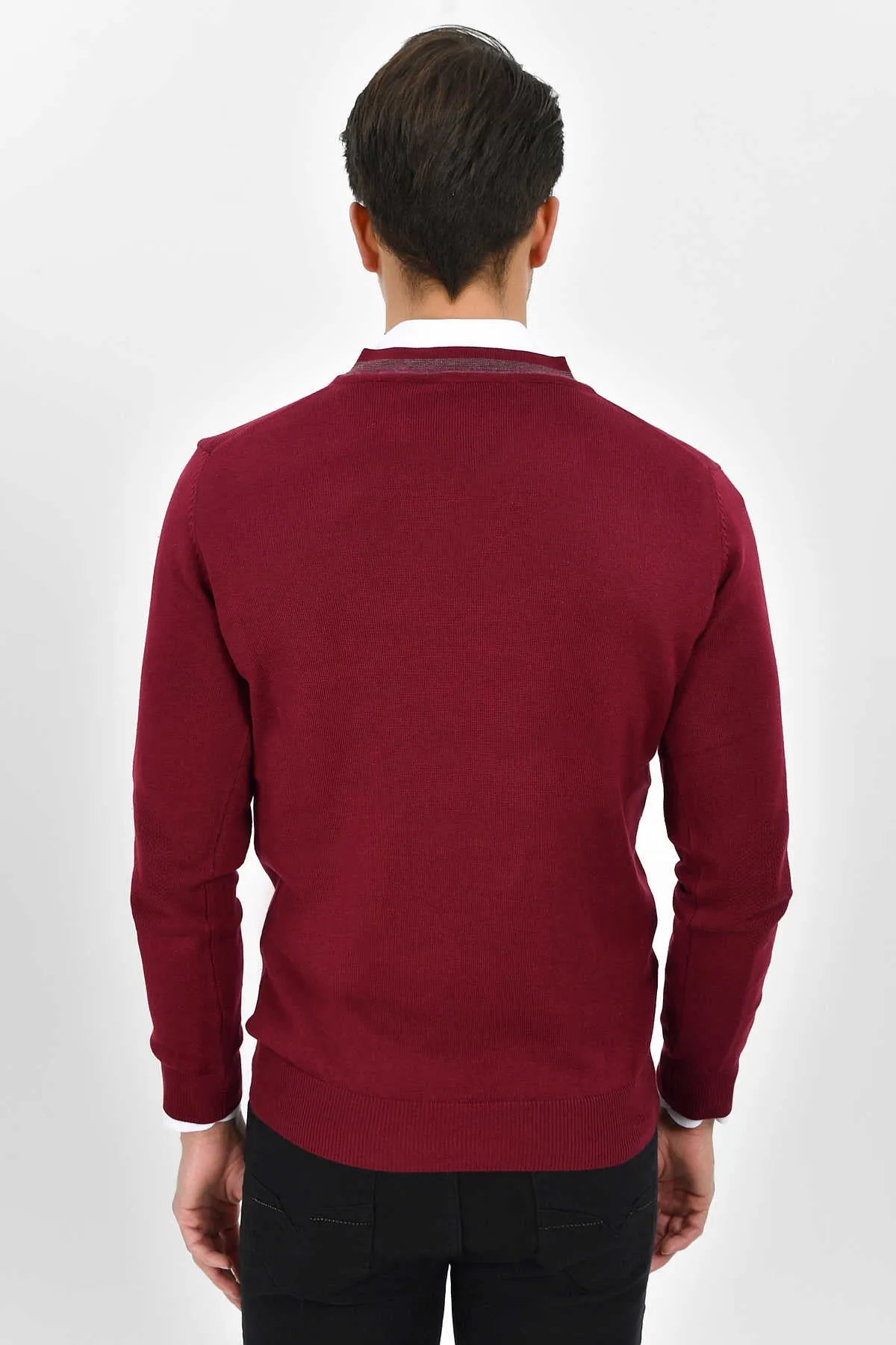 Slim Fit Burgundy Cotton Blend V-Neck Sweater