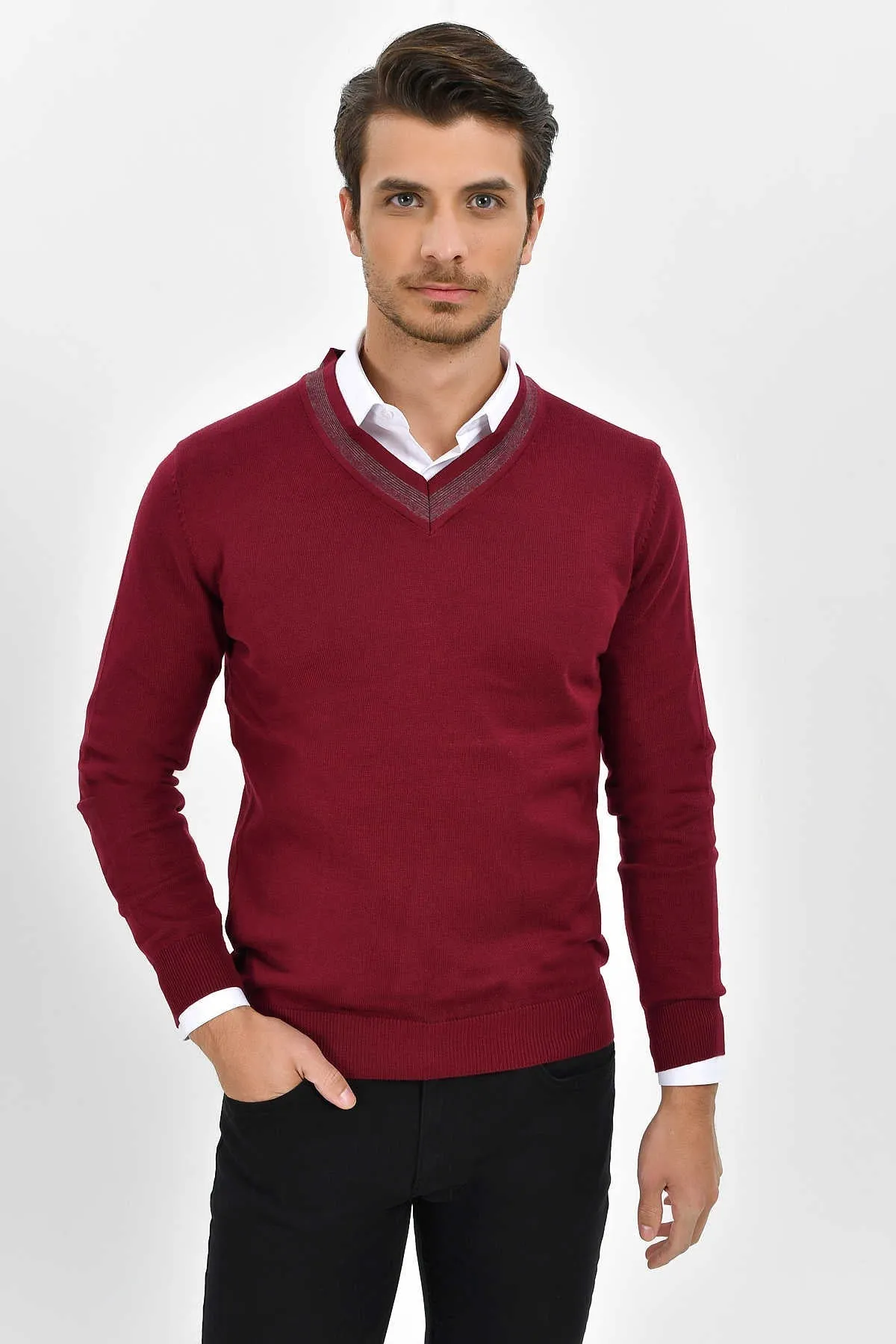 Slim Fit Burgundy Cotton Blend V-Neck Sweater