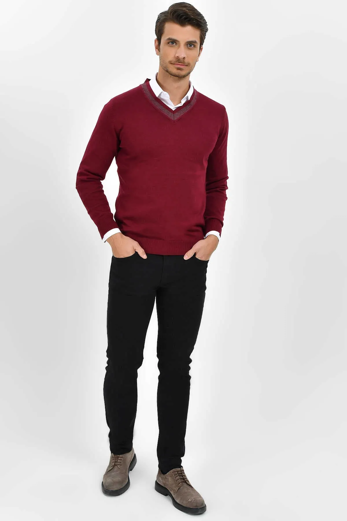 Slim Fit Burgundy Cotton Blend V-Neck Sweater