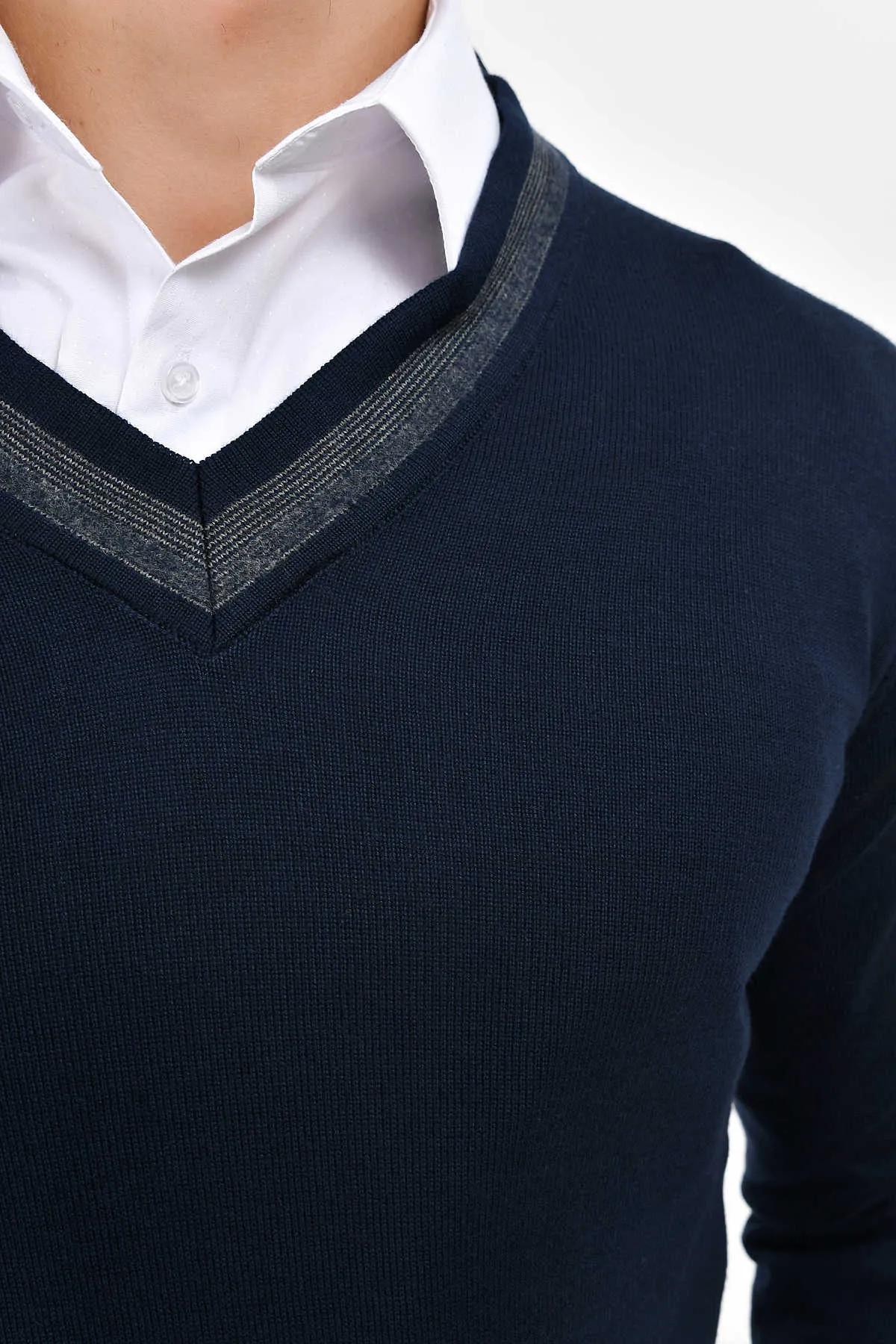 Slim Fit Navy Cotton Blend V-Neck Sweater