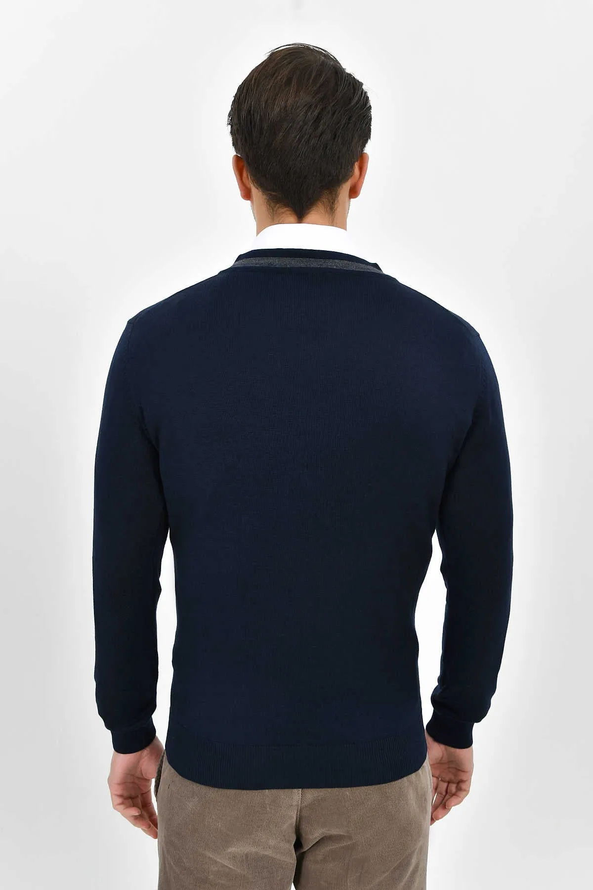 Slim Fit Navy Cotton Blend V-Neck Sweater