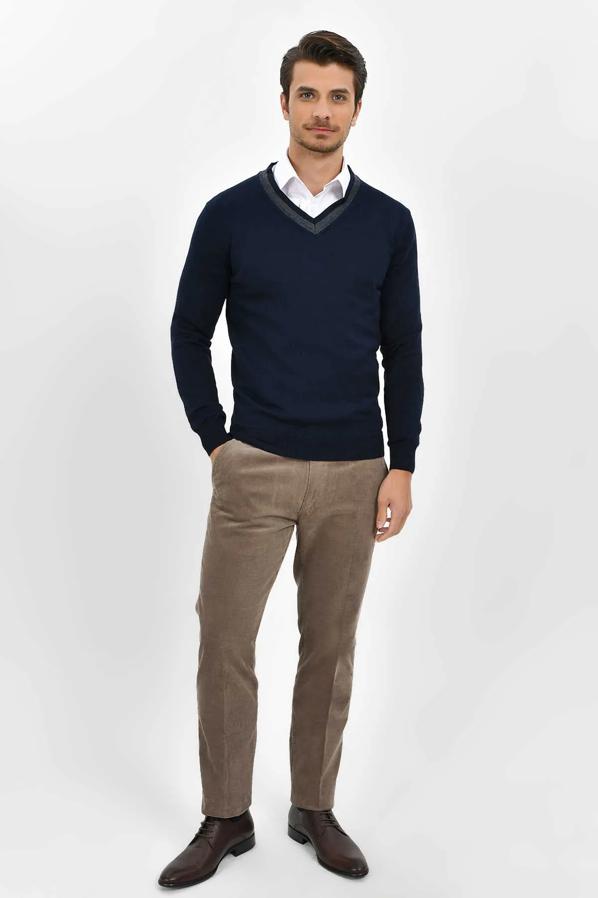 Slim Fit Navy Cotton Blend V-Neck Sweater